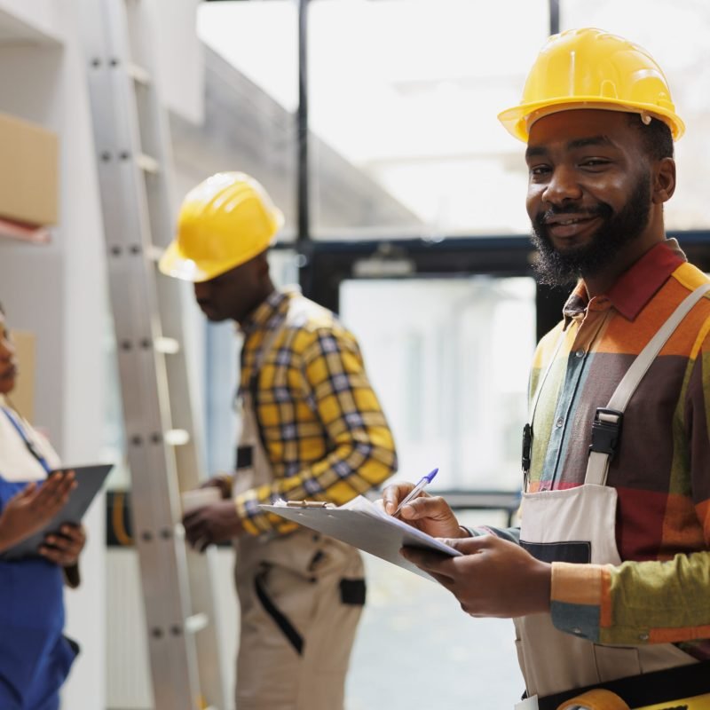 African american stock supply manager doing goods inventory portrait African american stock supply manager doing goods inventory in storehouse portrait. Smiling freight distribution operator holding clipboard, taking notes in warehouse and looking at camera